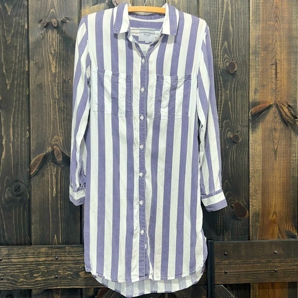 Rails Julian Shirt Dress XS Tencel Striped Button Up Long Blouse Style Curve Hem - Picture 1 of 14